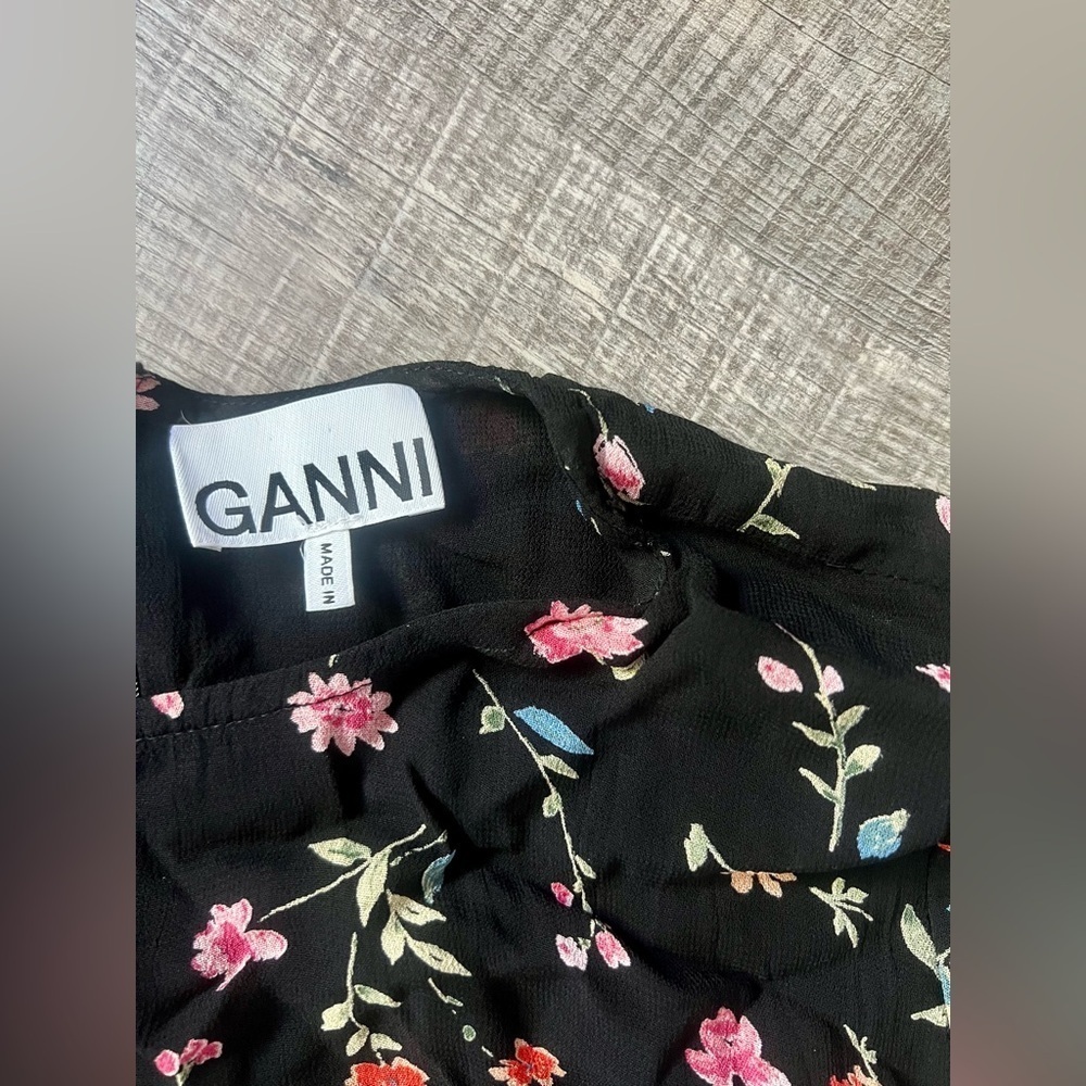 Ganni Elm Georgette Mini Dress 40 Floral Black Pink 8 Chiffon Wedding Garden - Picture 7 of 10
